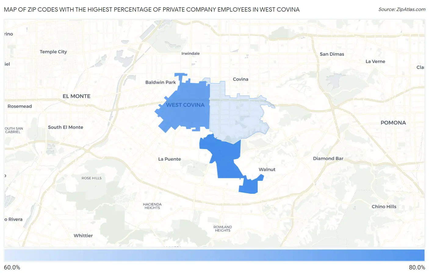 Zip Codes with the Highest Percentage of Private Company Employees in West Covina Map