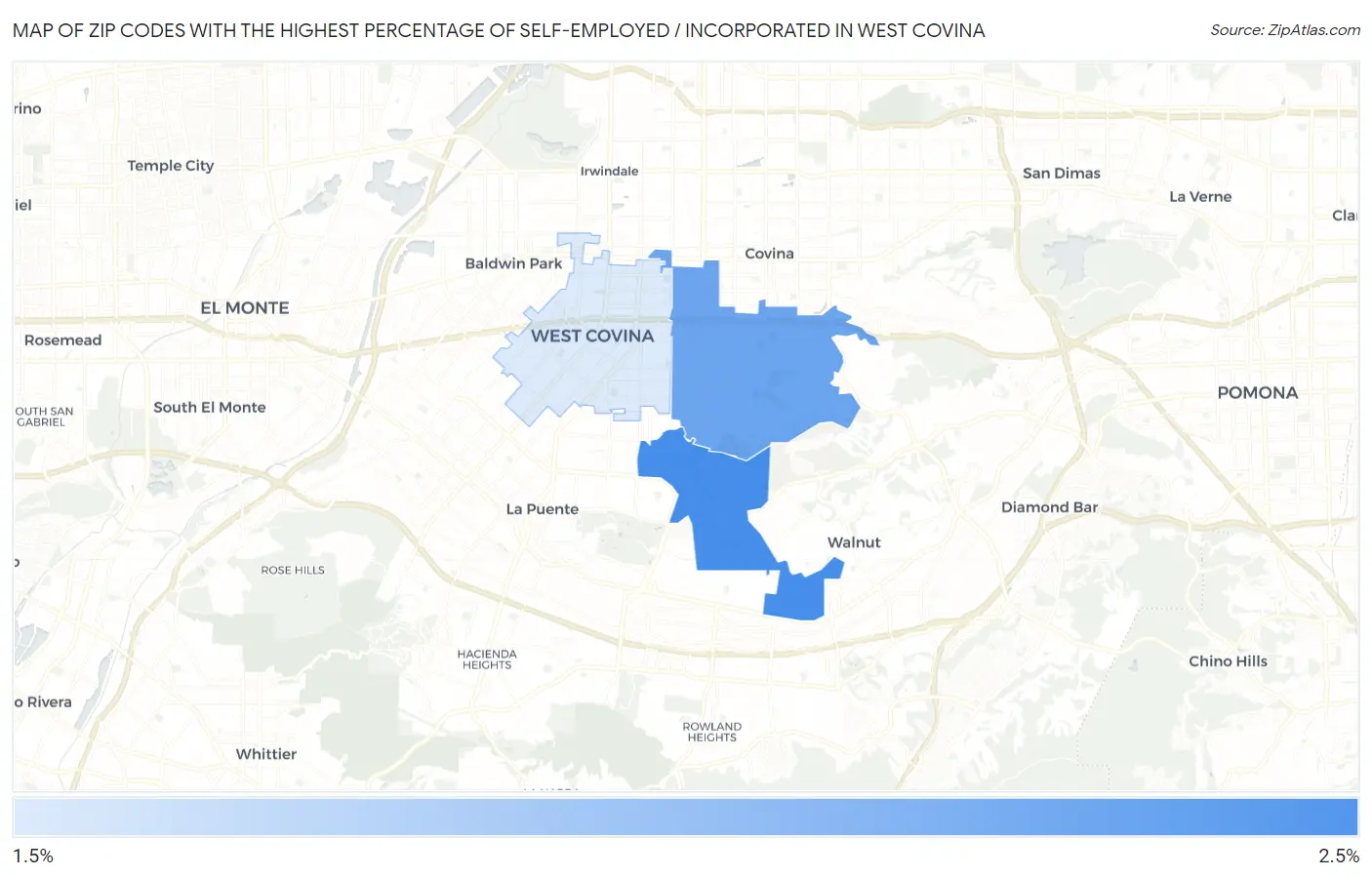Zip Codes with the Highest Percentage of Self-Employed / Incorporated in West Covina Map