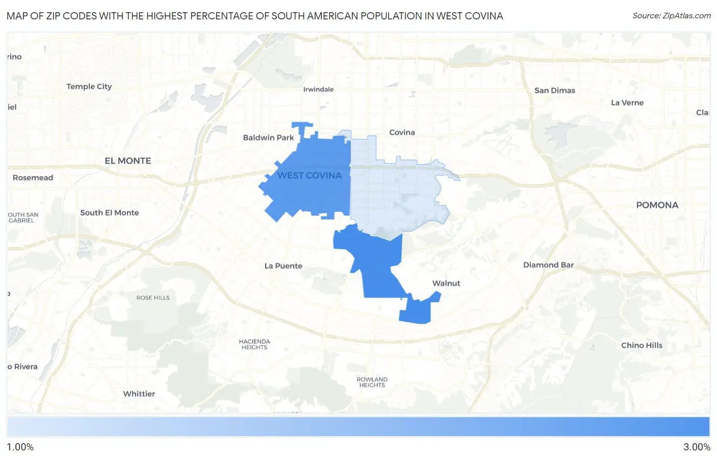 Zip Codes with the Highest Percentage of South American Population in West Covina Map