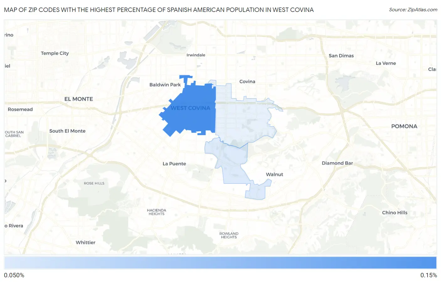Zip Codes with the Highest Percentage of Spanish American Population in West Covina Map