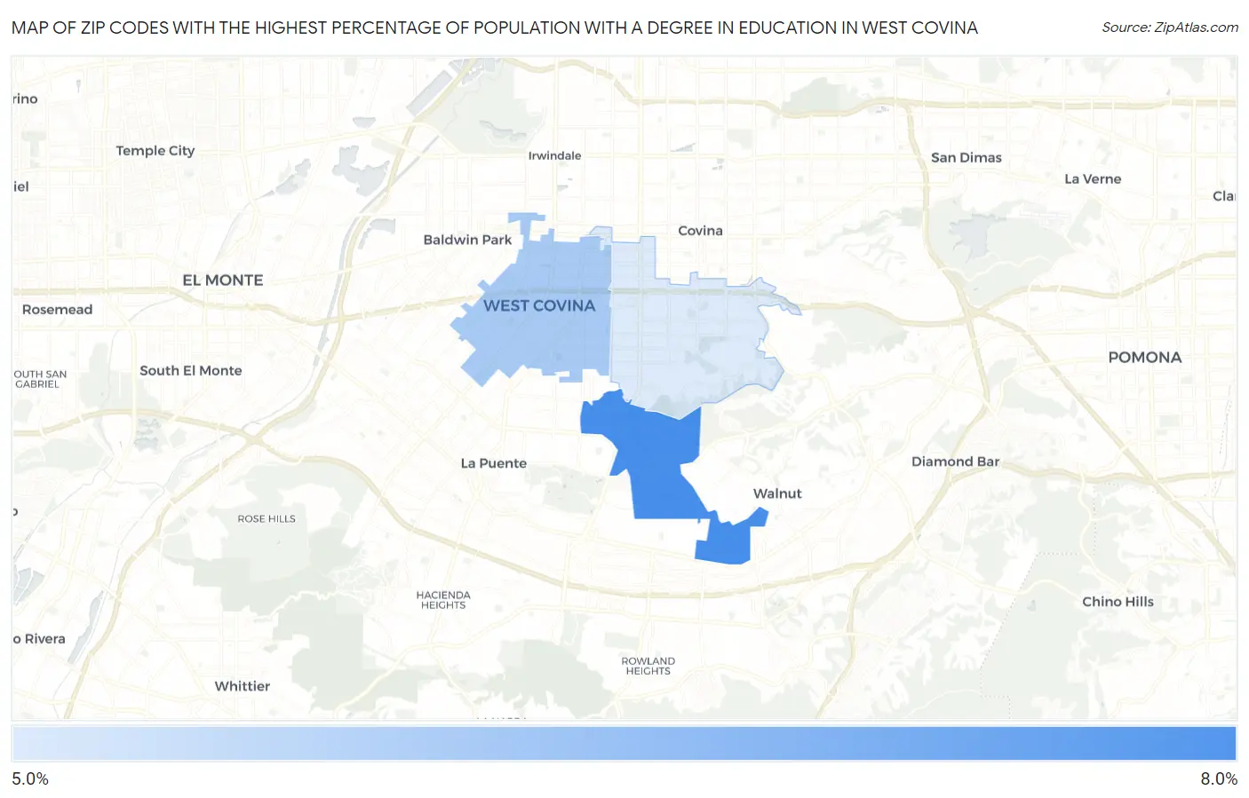 Zip Codes with the Highest Percentage of Population with a Degree in Education in West Covina Map