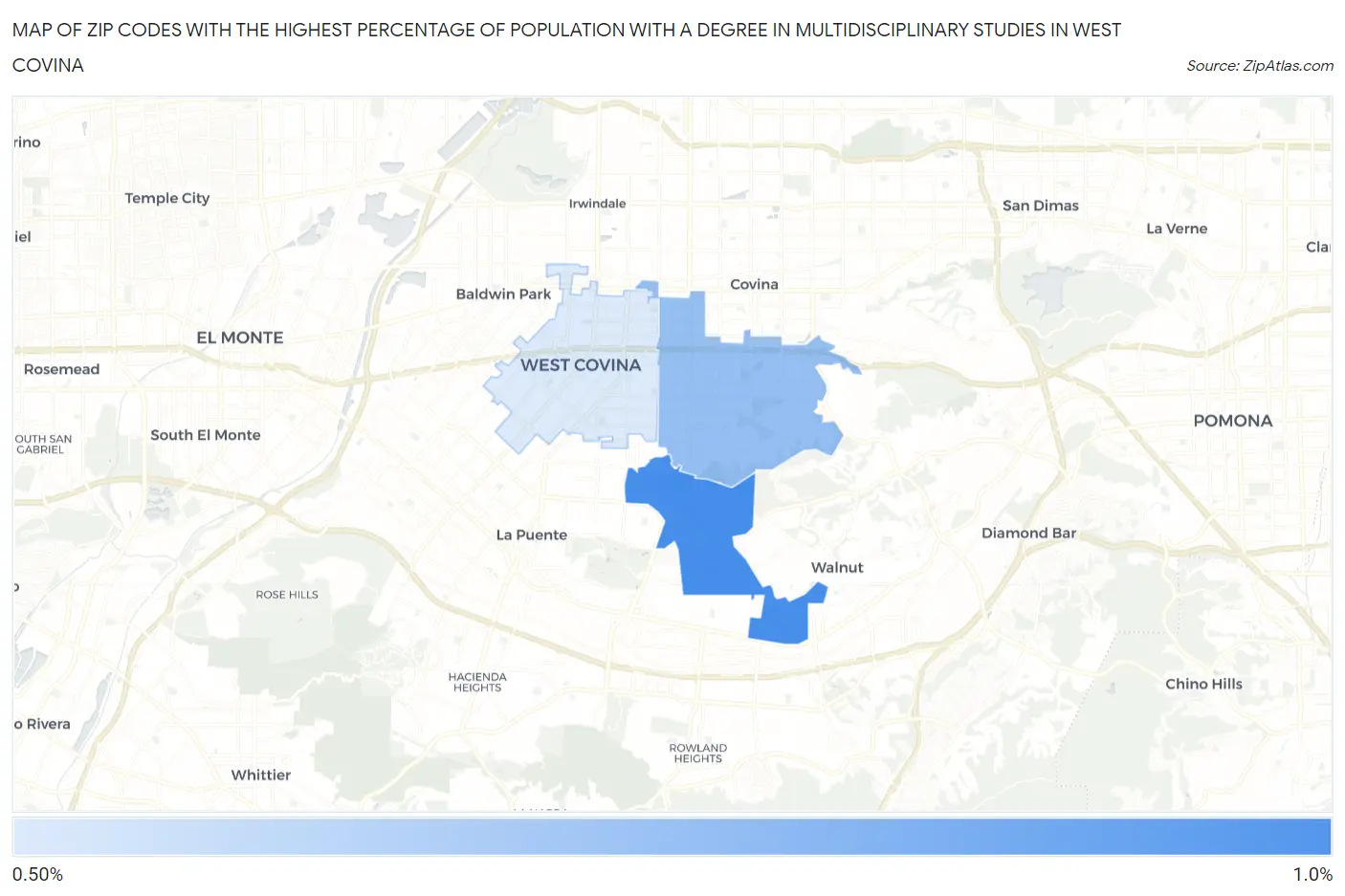 Zip Codes with the Highest Percentage of Population with a Degree in Multidisciplinary Studies in West Covina Map