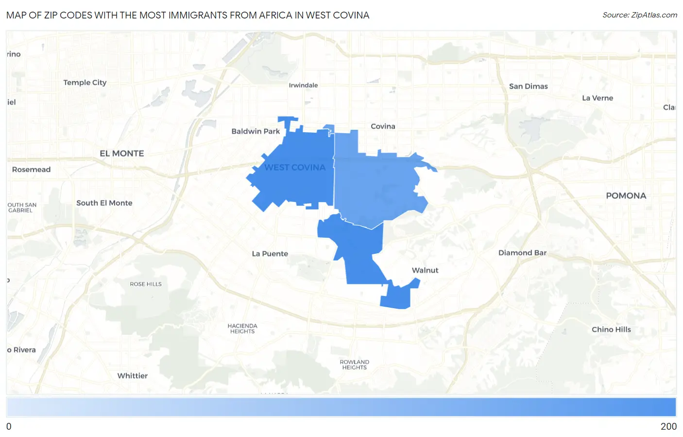Zip Codes with the Most Immigrants from Africa in West Covina Map