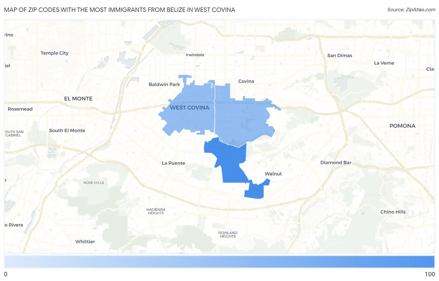 Zip Codes with the Most Immigrants from Belize in West Covina Map