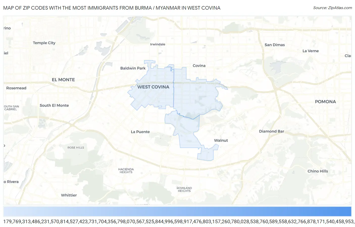 Zip Codes with the Most Immigrants from Burma / Myanmar in West Covina Map