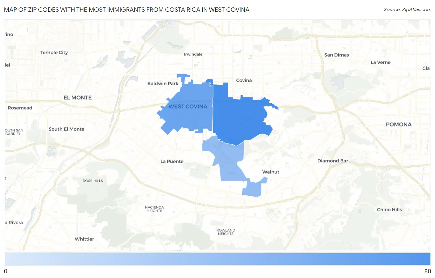 Zip Codes with the Most Immigrants from Costa Rica in West Covina Map