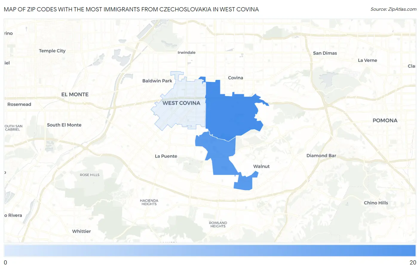 Zip Codes with the Most Immigrants from Czechoslovakia in West Covina Map