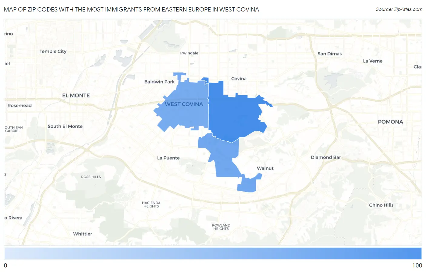 Zip Codes with the Most Immigrants from Eastern Europe in West Covina Map