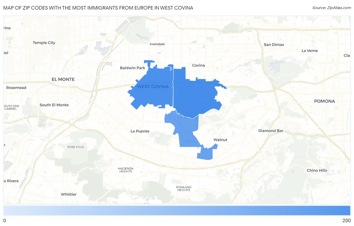 Zip Codes with the Most Immigrants from Europe in West Covina Map
