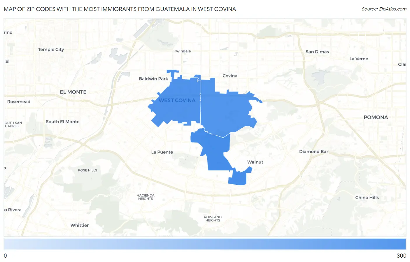 Zip Codes with the Most Immigrants from Guatemala in West Covina Map