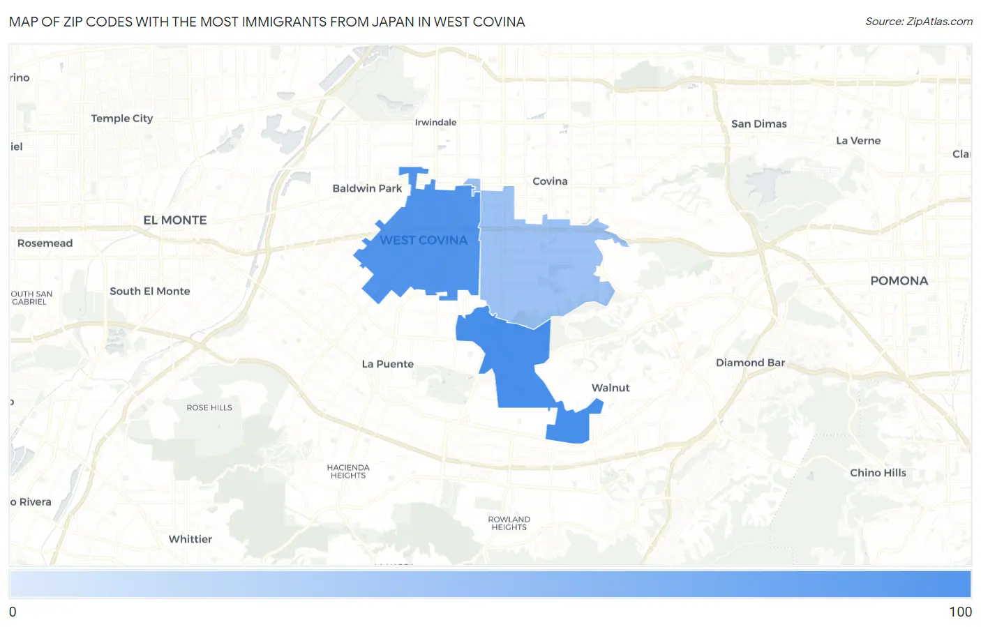 Zip Codes with the Most Immigrants from Japan in West Covina Map
