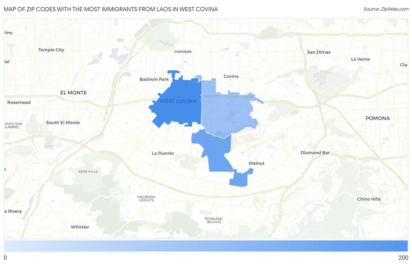Zip Codes with the Most Immigrants from Laos in West Covina Map