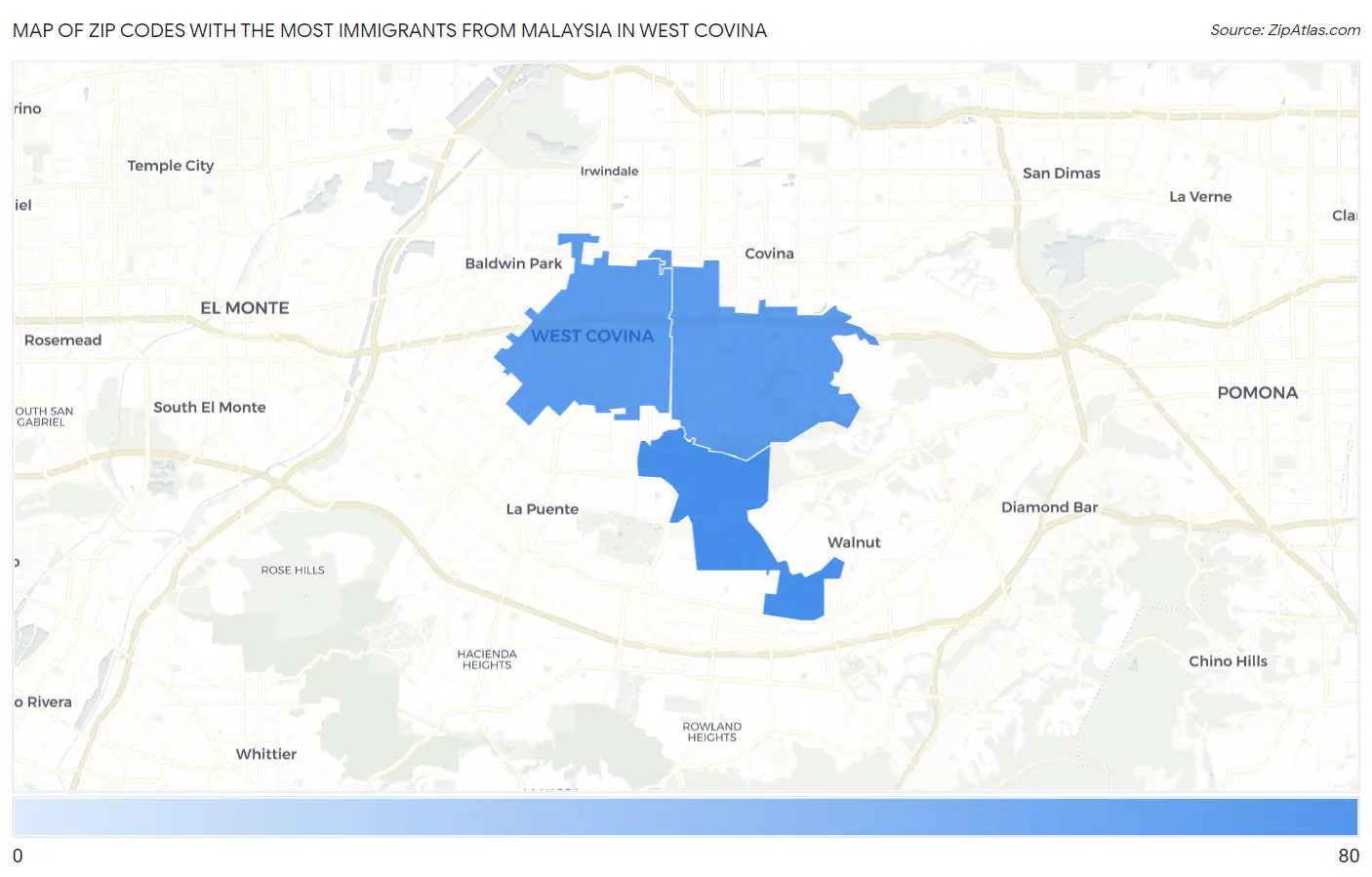 Zip Codes with the Most Immigrants from Malaysia in West Covina Map