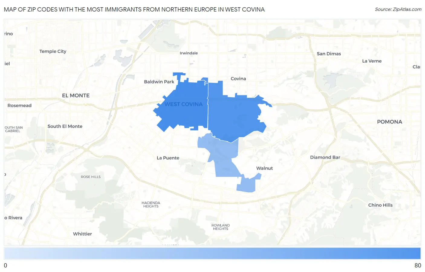 Zip Codes with the Most Immigrants from Northern Europe in West Covina Map