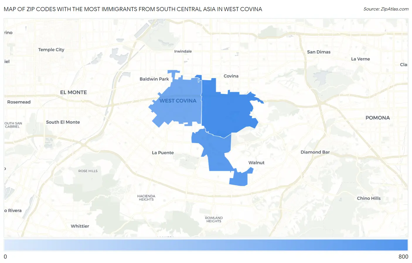 Zip Codes with the Most Immigrants from South Central Asia in West Covina Map