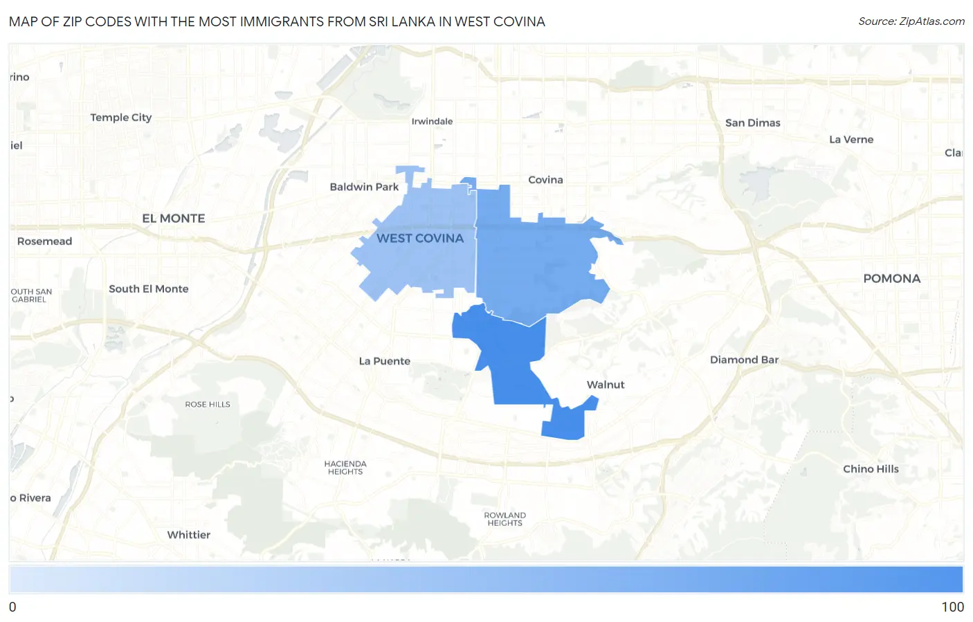 Zip Codes with the Most Immigrants from Sri Lanka in West Covina Map