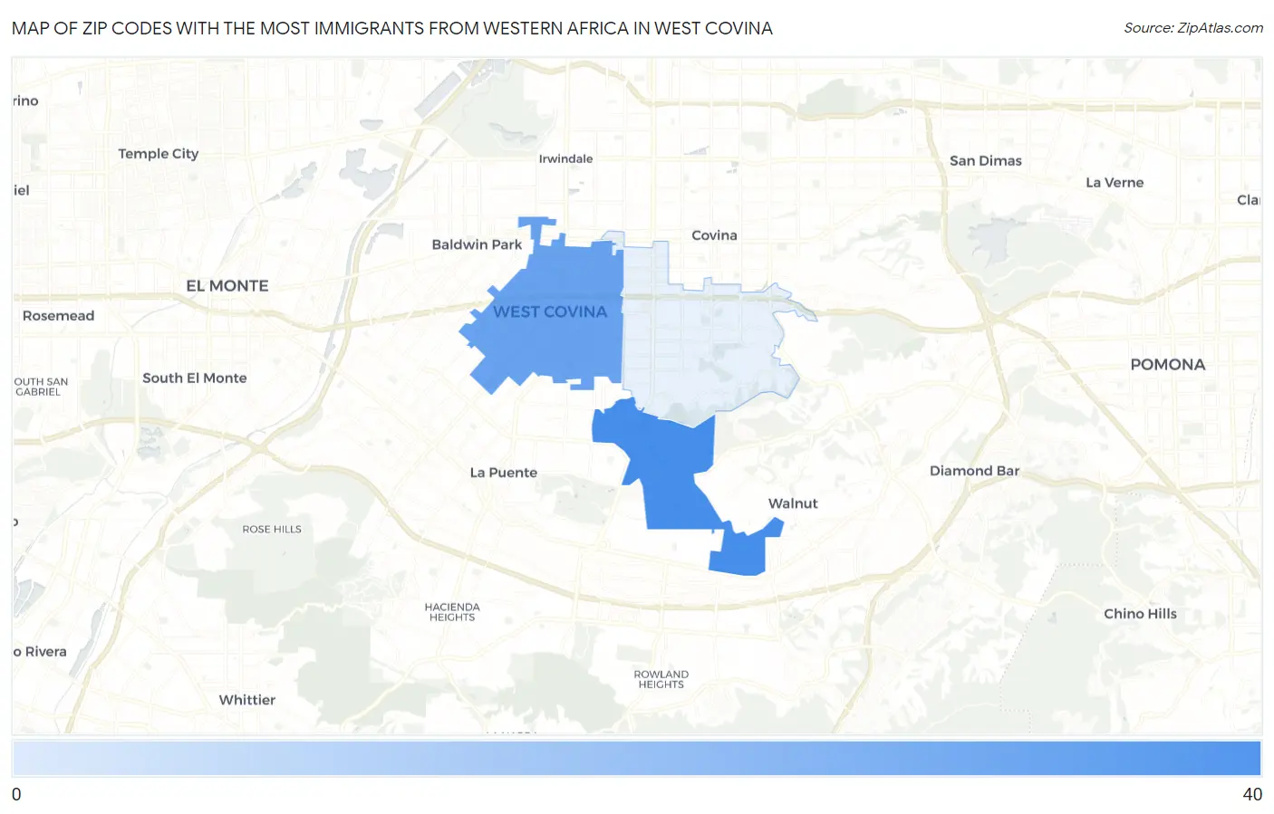 Zip Codes with the Most Immigrants from Western Africa in West Covina Map