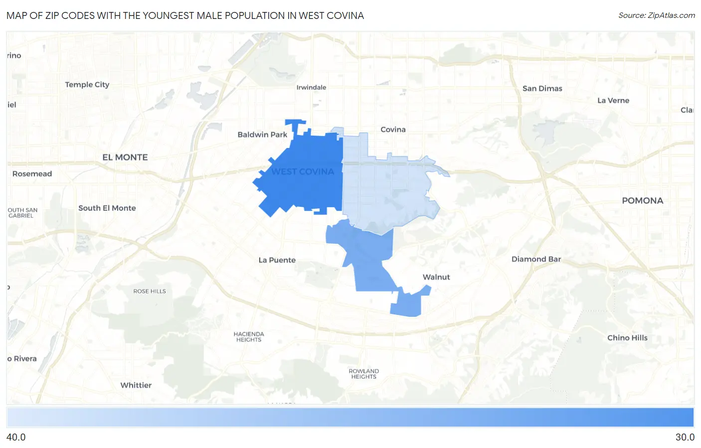 Zip Codes with the Youngest Male Population in West Covina Map