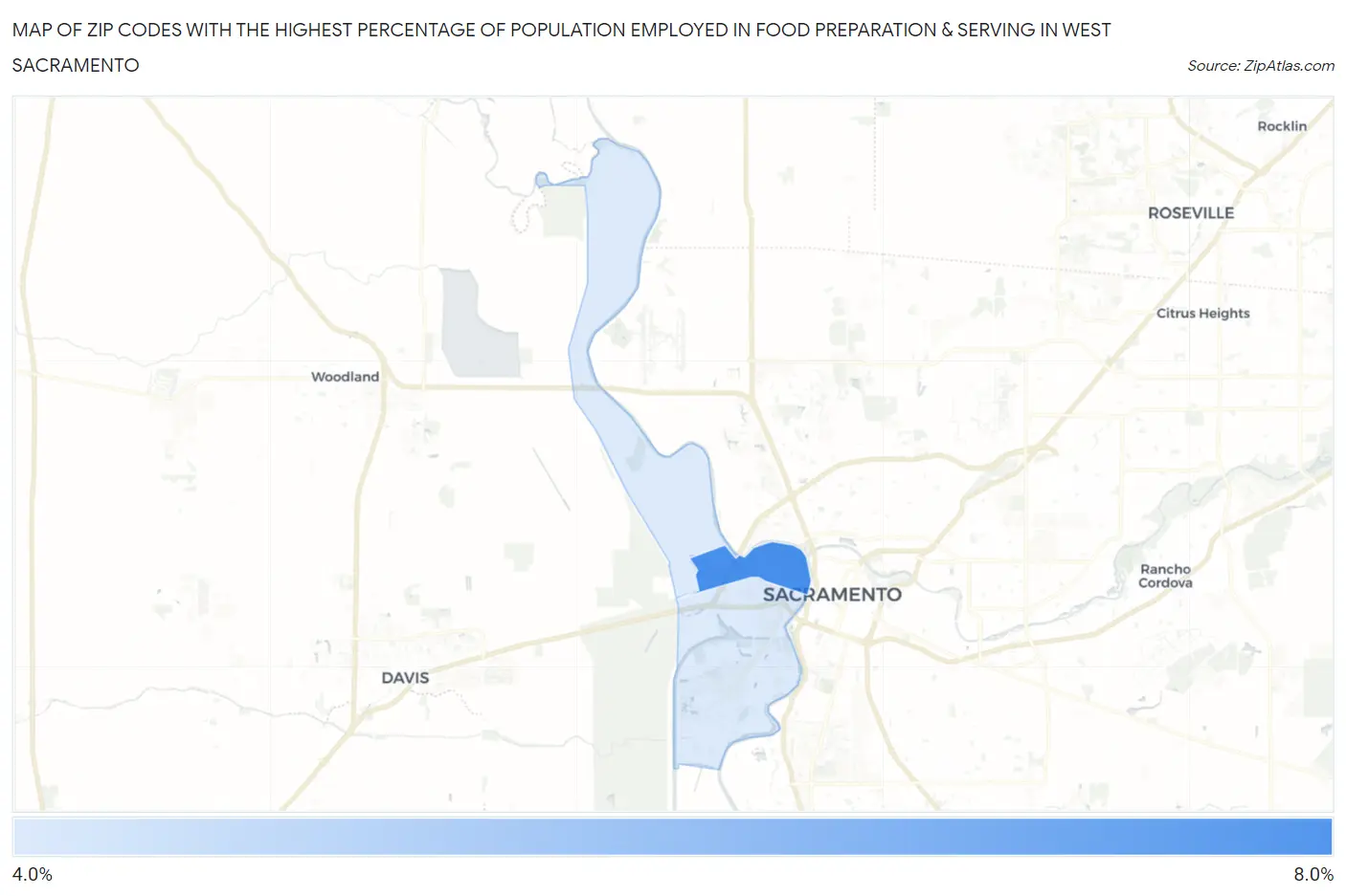 Zip Codes with the Highest Percentage of Population Employed in Food Preparation & Serving in West Sacramento Map