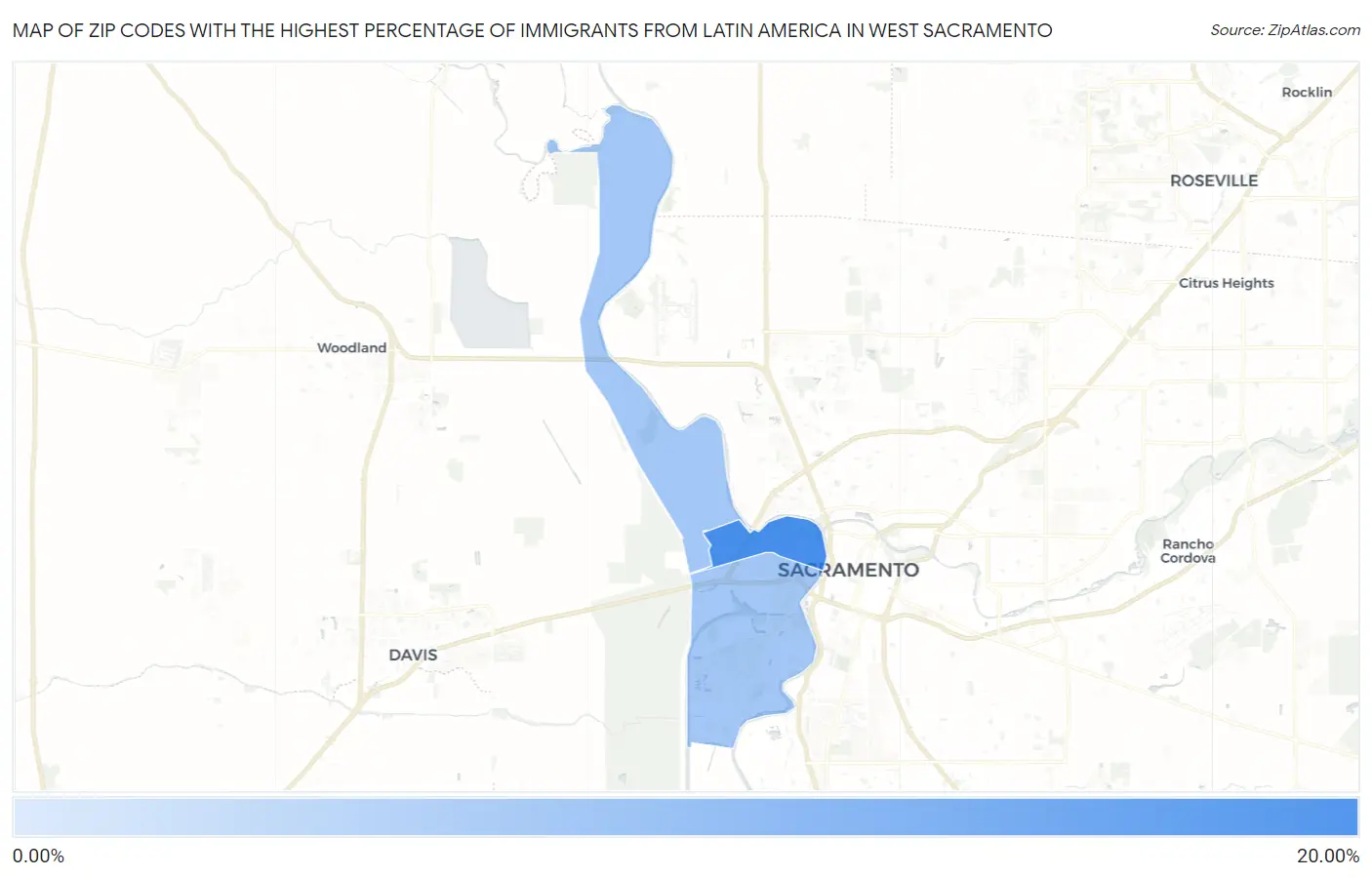 Zip Codes with the Highest Percentage of Immigrants from Latin America in West Sacramento Map