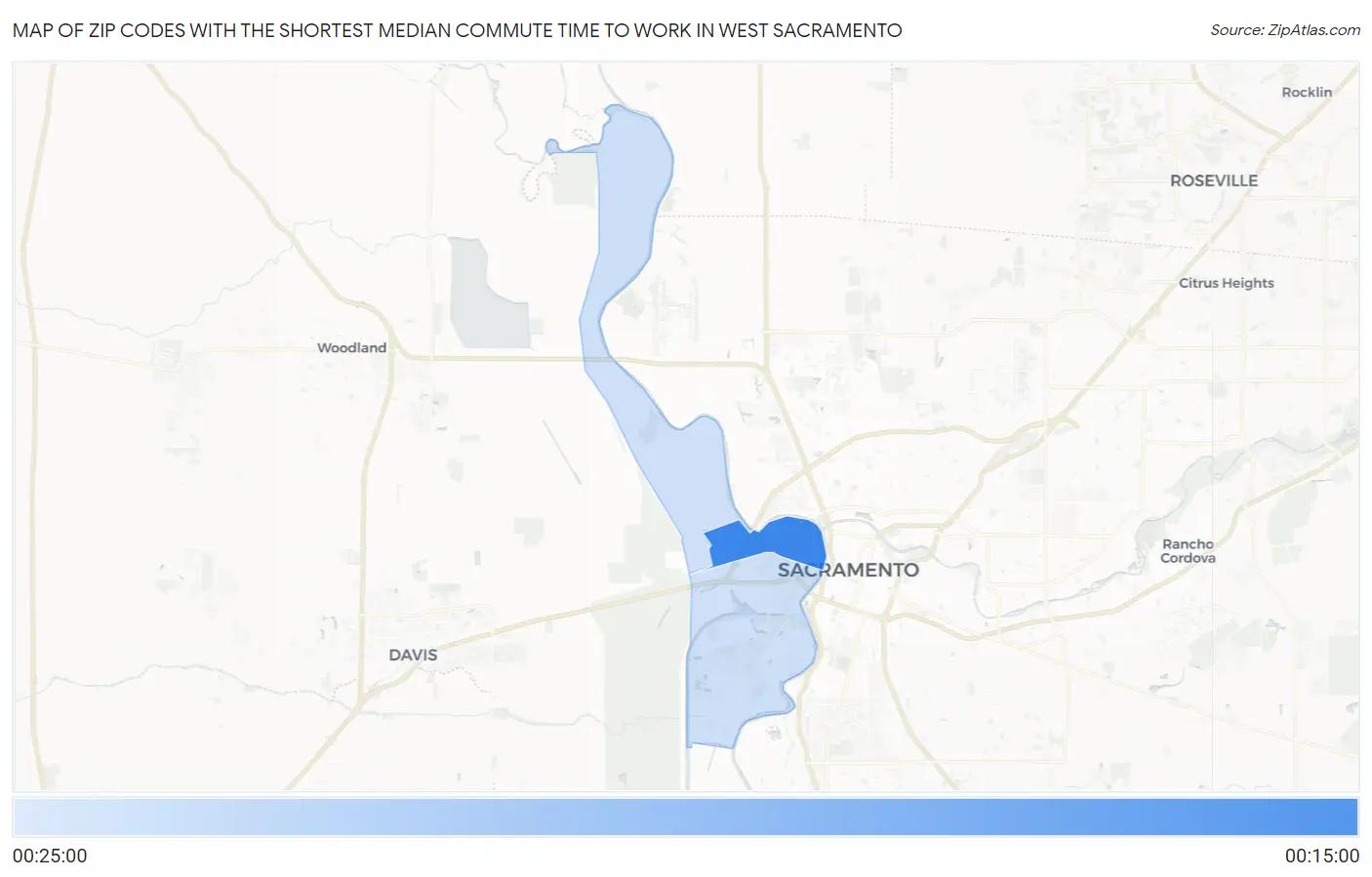 Zip Codes with the Shortest Median Commute Time to Work in West Sacramento Map