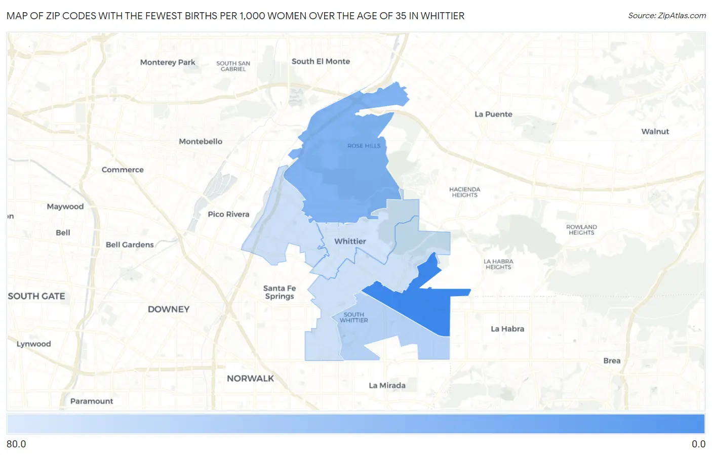 Zip Codes with the Fewest Births per 1,000 Women Over the Age of 35 in Whittier Map