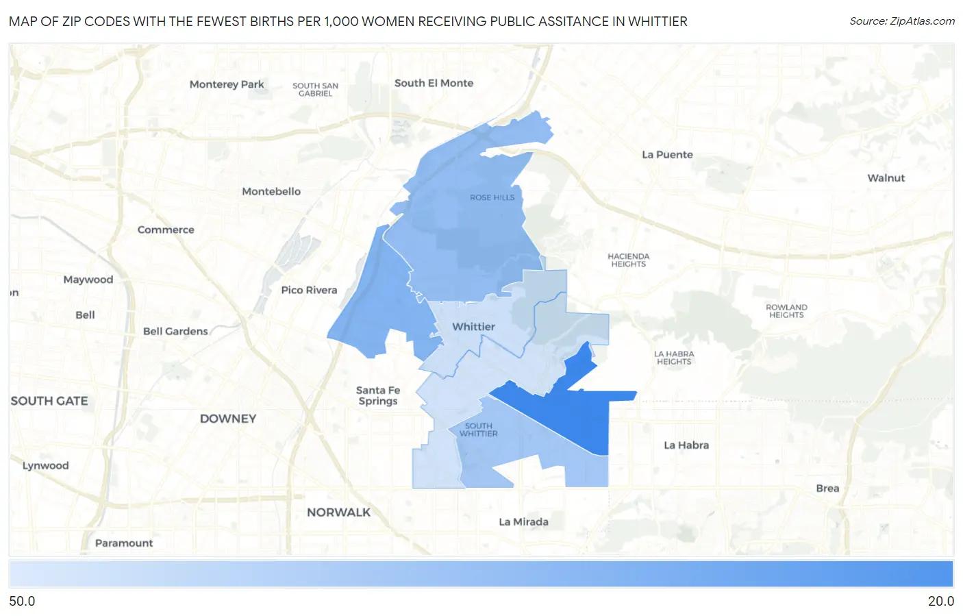 Zip Codes with the Fewest Births per 1,000 Women Receiving Public Assitance in Whittier Map