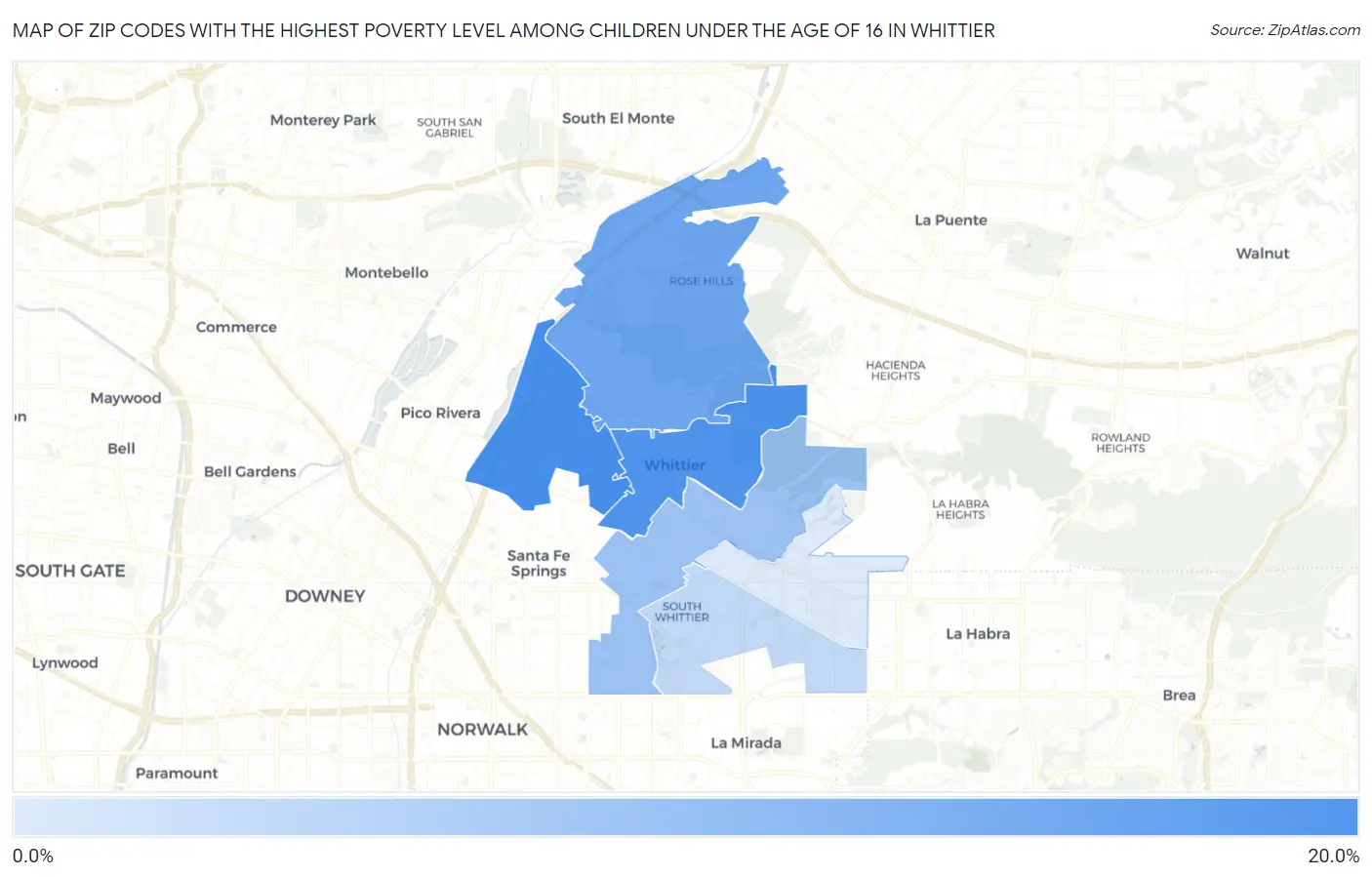 Zip Codes with the Highest Poverty Level Among Children Under the Age of 16 in Whittier Map