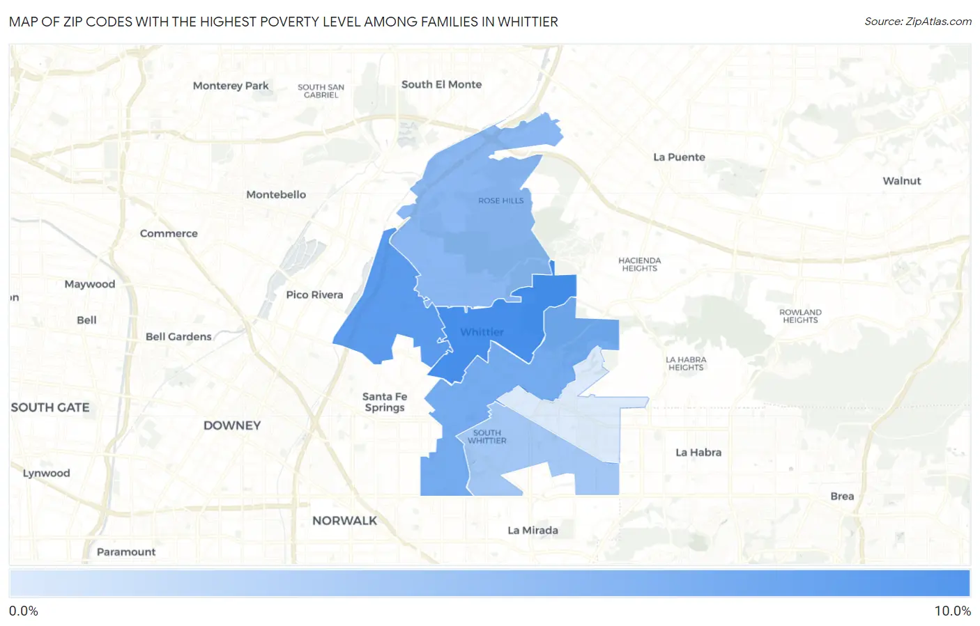 Zip Codes with the Highest Poverty Level Among Families in Whittier Map