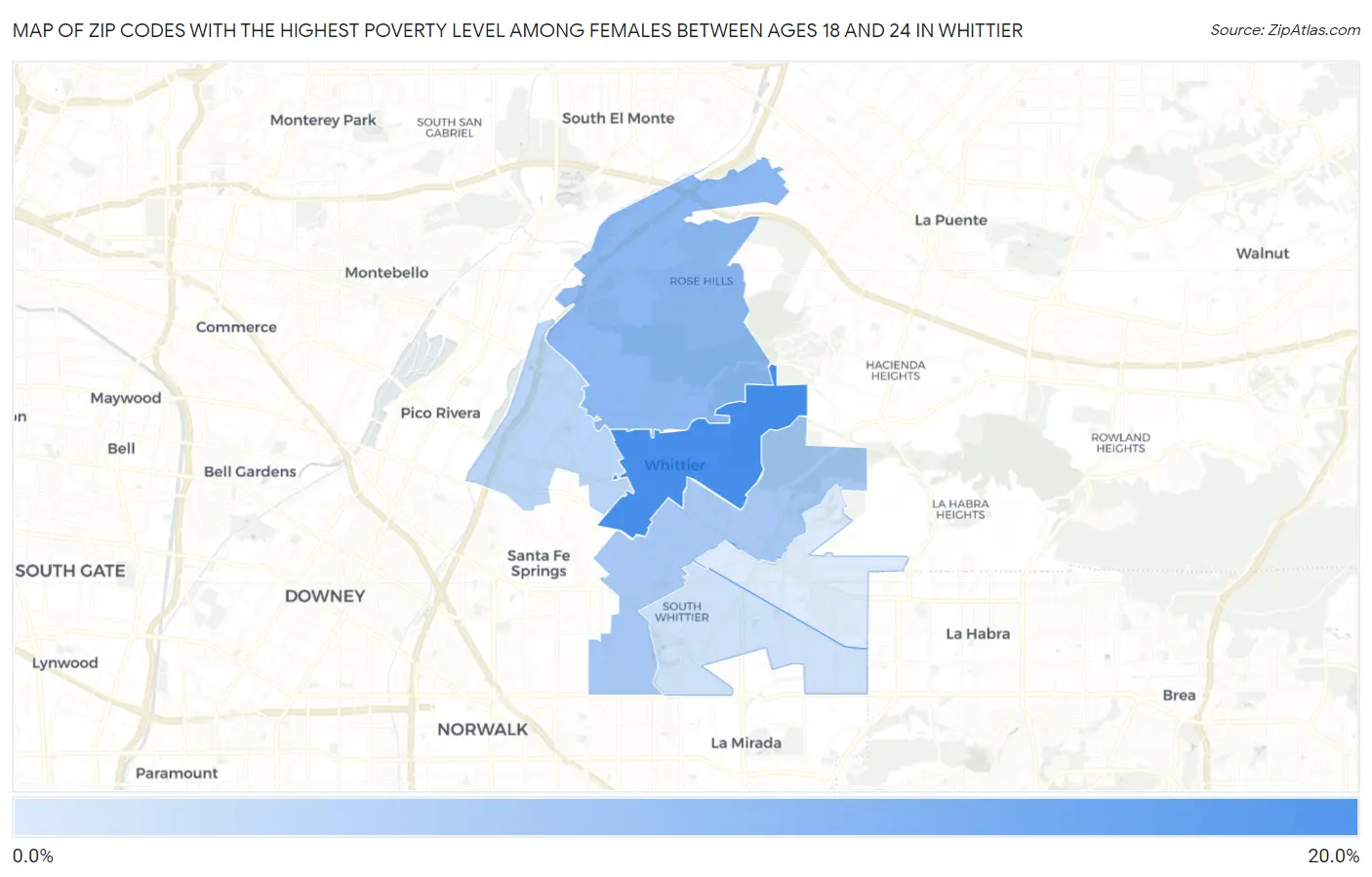 Zip Codes with the Highest Poverty Level Among Females Between Ages 18 and 24 in Whittier Map