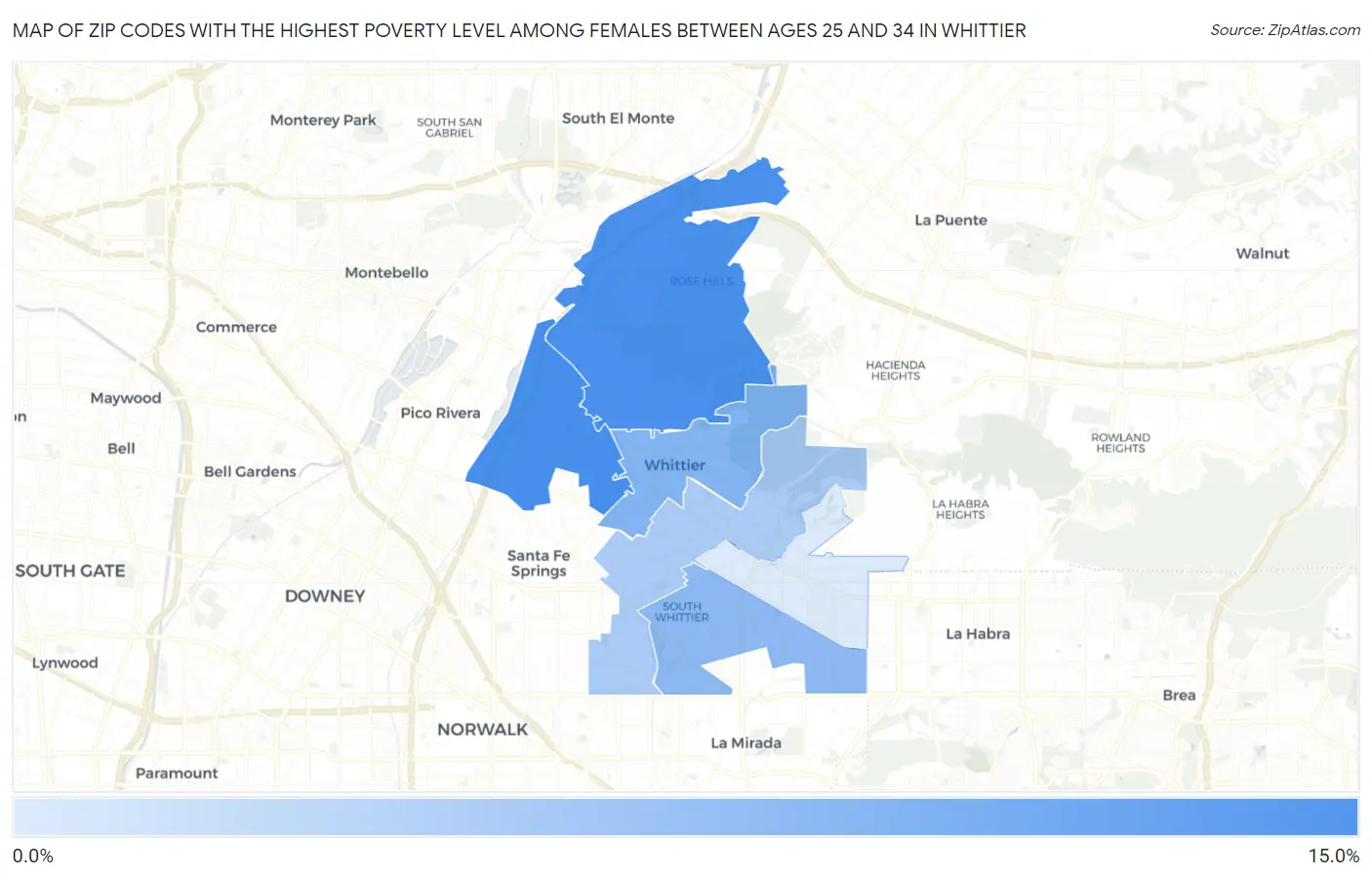 Zip Codes with the Highest Poverty Level Among Females Between Ages 25 and 34 in Whittier Map