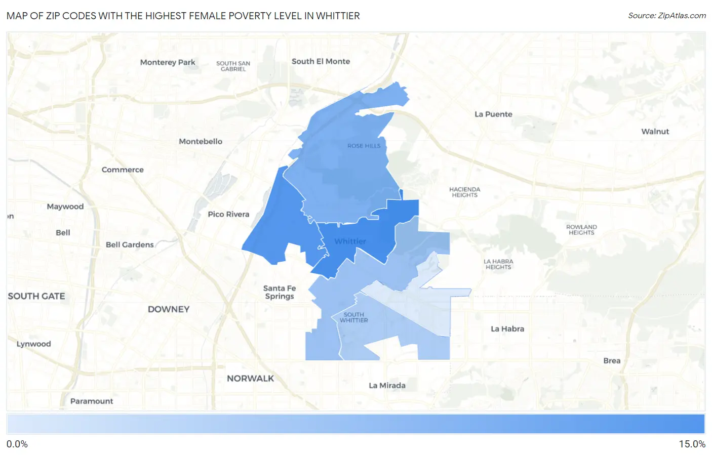 Zip Codes with the Highest Female Poverty Level in Whittier Map