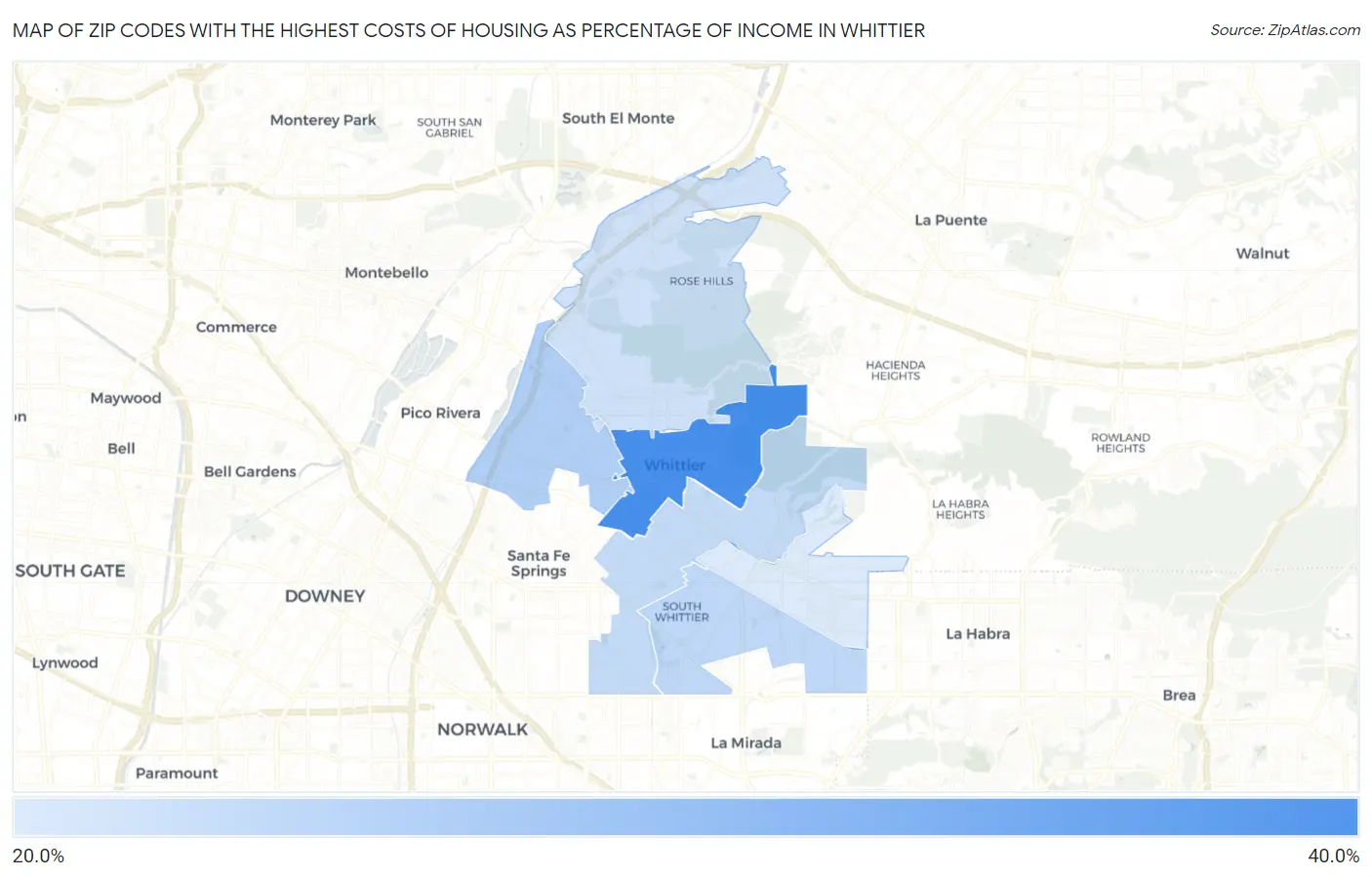 Zip Codes with the Highest Costs of Housing as Percentage of Income in Whittier Map