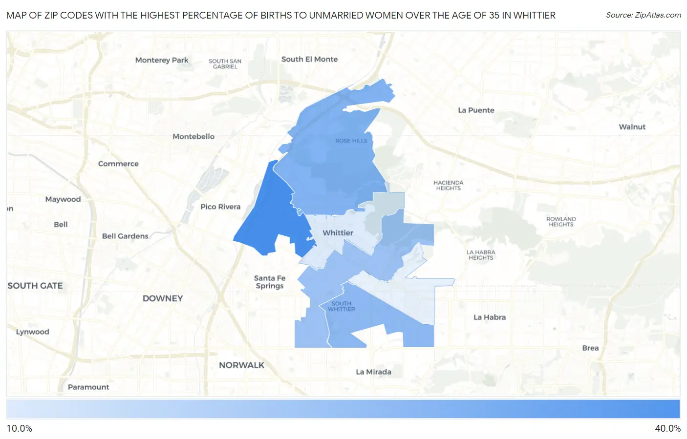Zip Codes with the Highest Percentage of Births to Unmarried Women over the Age of 35 in Whittier Map