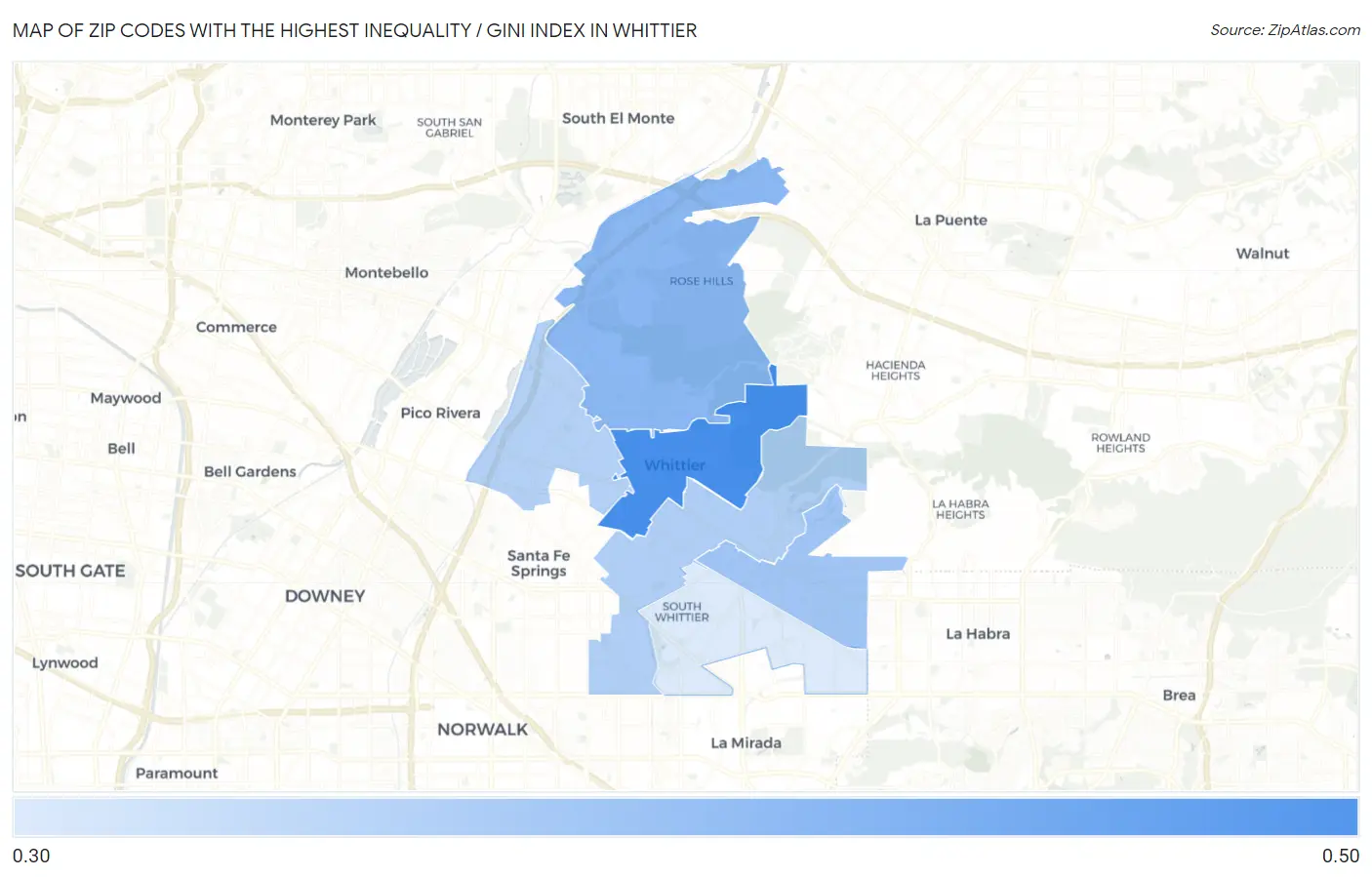 Zip Codes with the Highest Inequality / Gini Index in Whittier Map