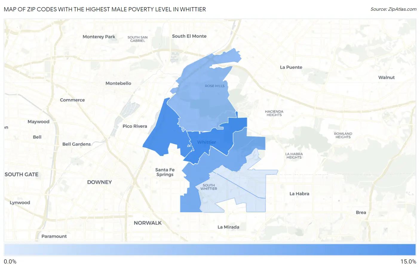Zip Codes with the Highest Male Poverty Level in Whittier Map