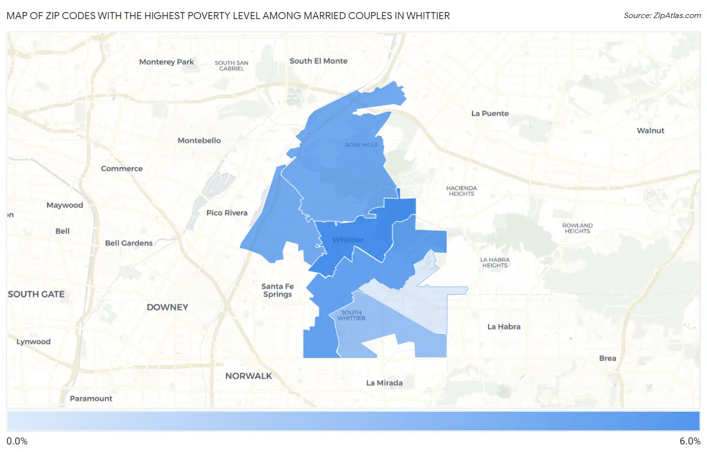 Zip Codes with the Highest Poverty Level Among Married Couples in Whittier Map