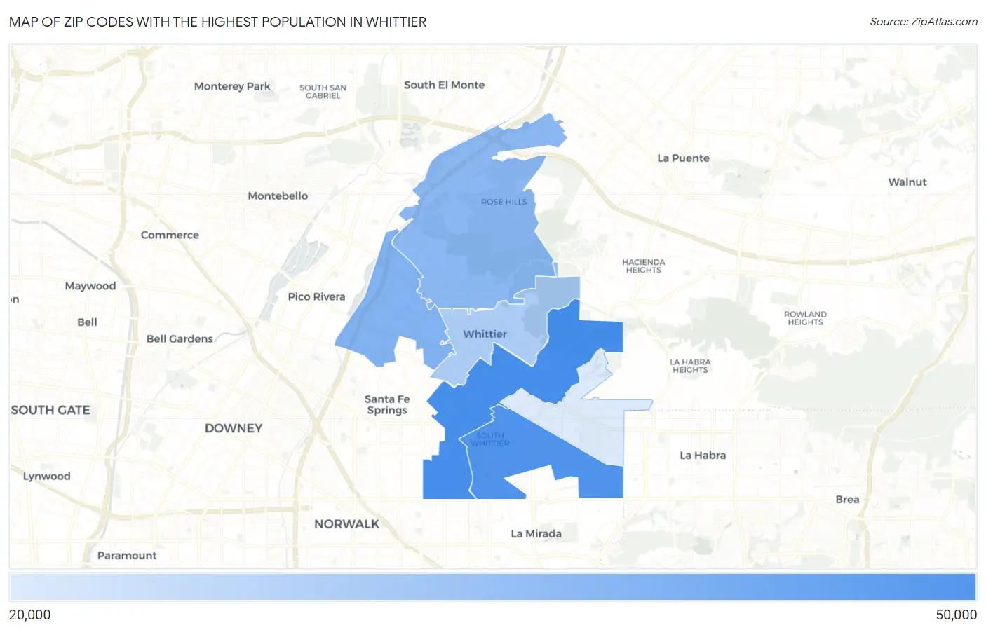 Zip Codes with the Highest Population in Whittier Map