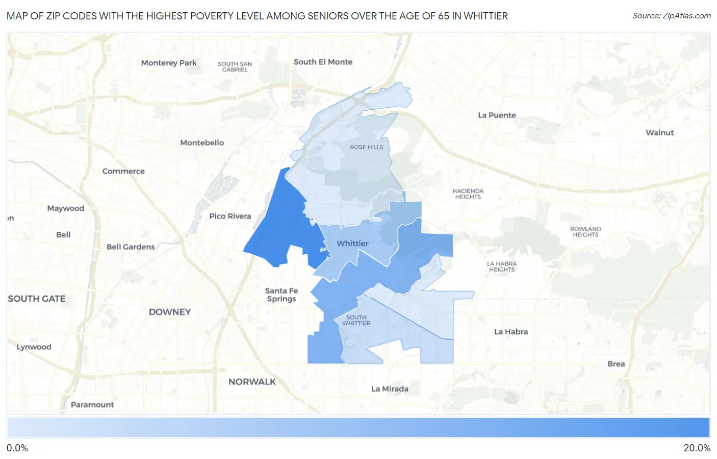 Zip Codes with the Highest Poverty Level Among Seniors Over the Age of 65 in Whittier Map