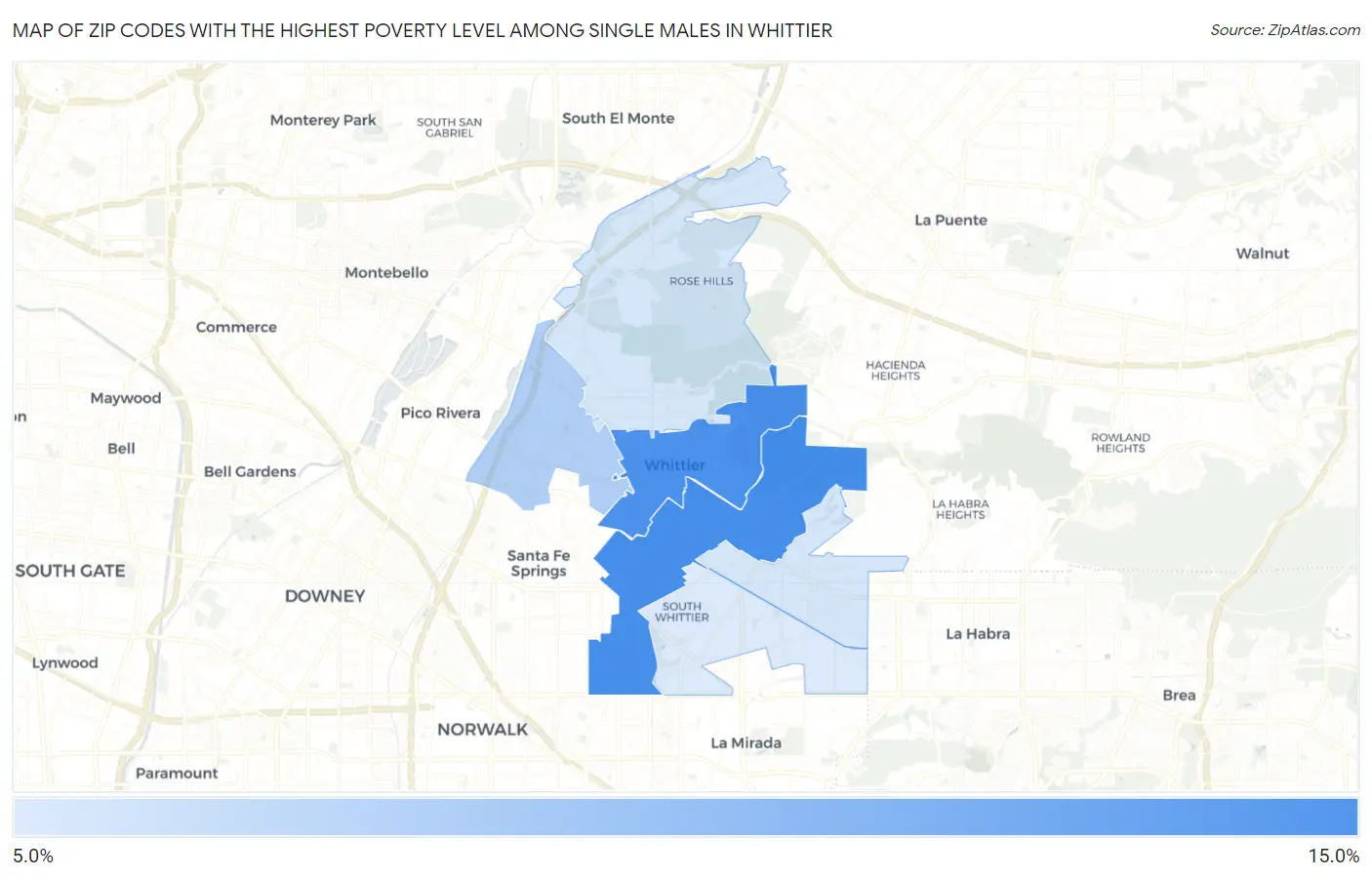 Zip Codes with the Highest Poverty Level Among Single Males in Whittier Map
