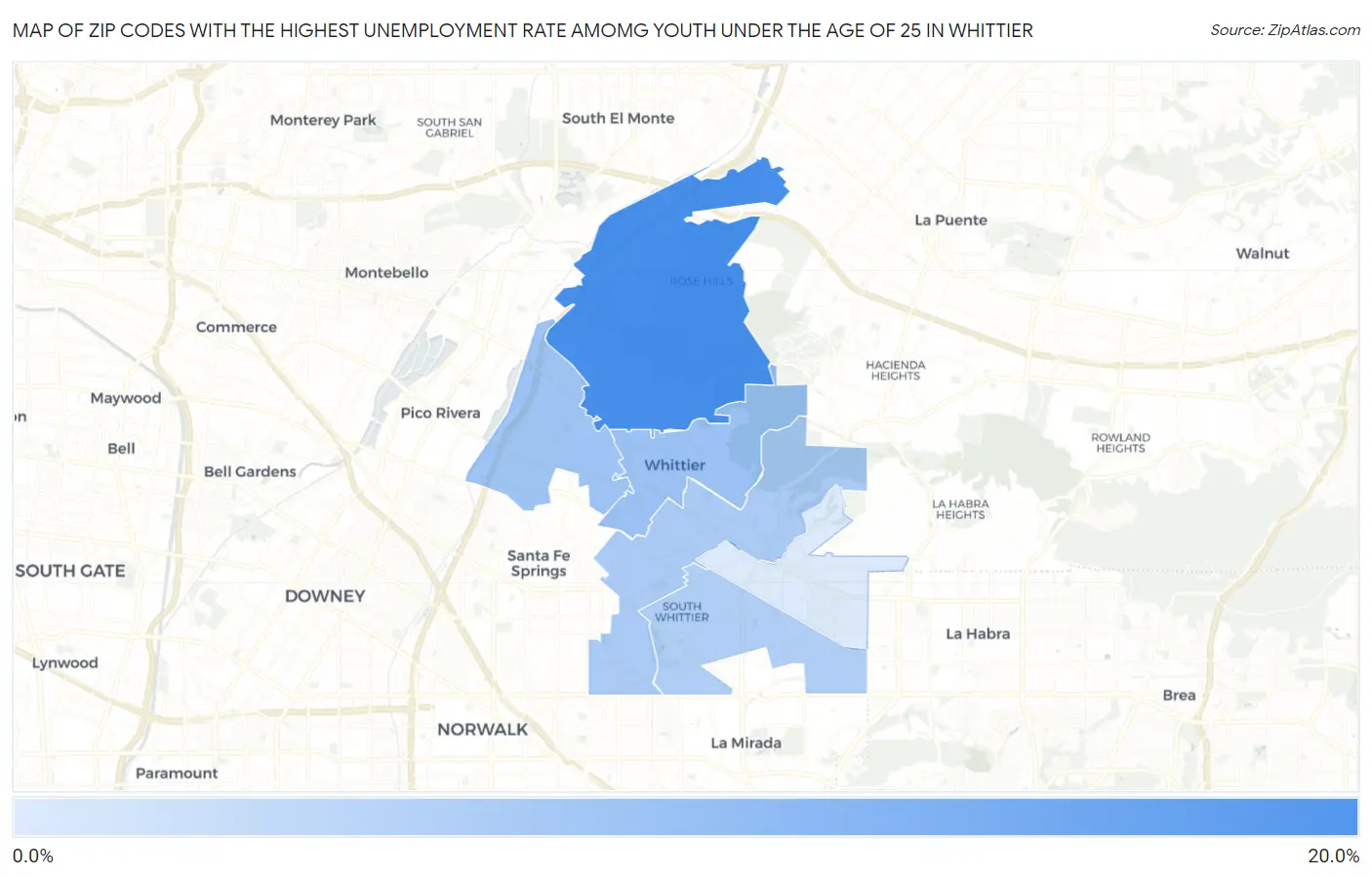 Zip Codes with the Highest Unemployment Rate Amomg Youth Under the Age of 25 in Whittier Map