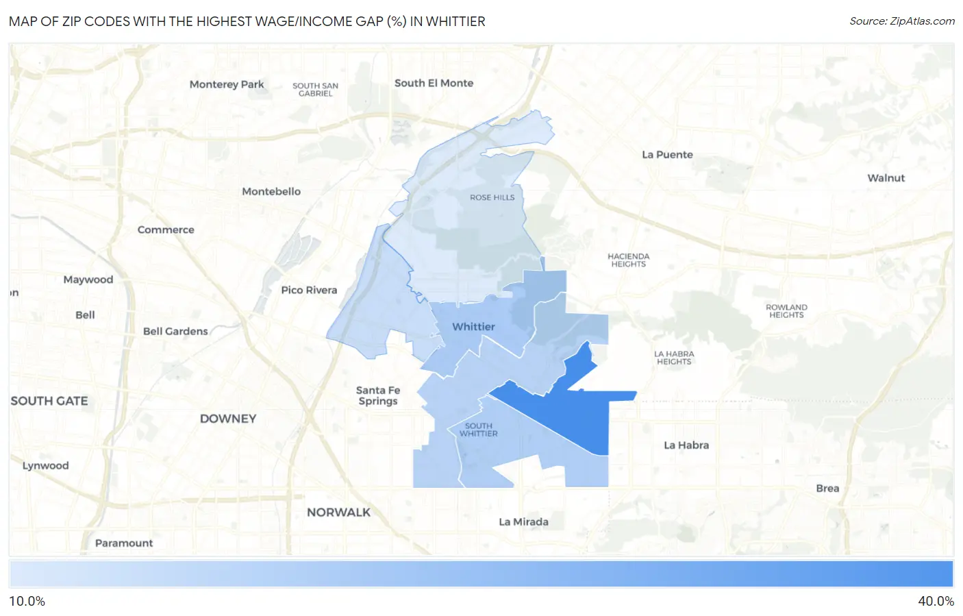 Zip Codes with the Highest Wage/Income Gap (%) in Whittier Map