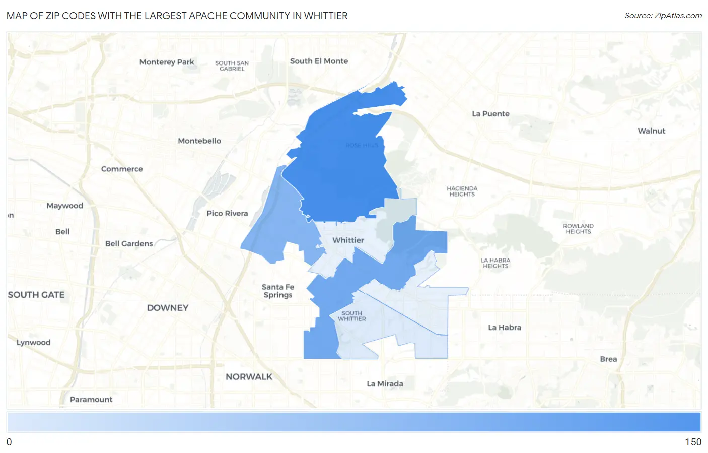 Zip Codes with the Largest Apache Community in Whittier Map