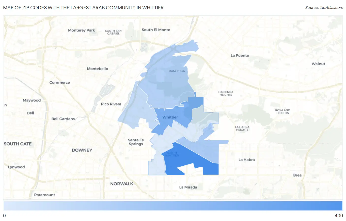 Zip Codes with the Largest Arab Community in Whittier Map
