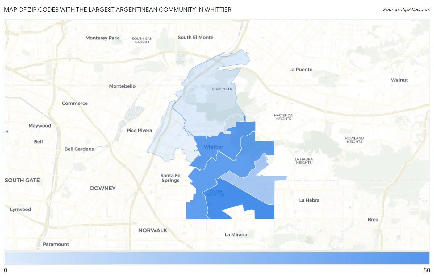 Zip Codes with the Largest Argentinean Community in Whittier Map