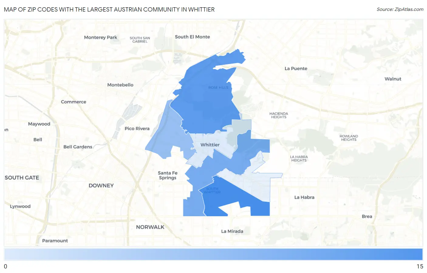 Zip Codes with the Largest Austrian Community in Whittier Map