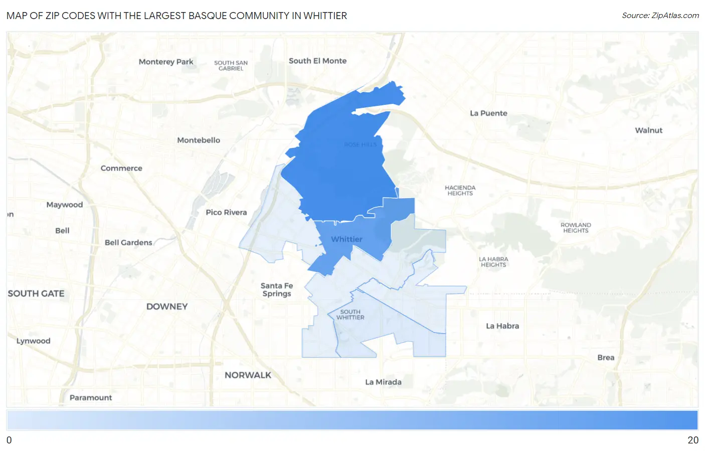Zip Codes with the Largest Basque Community in Whittier Map