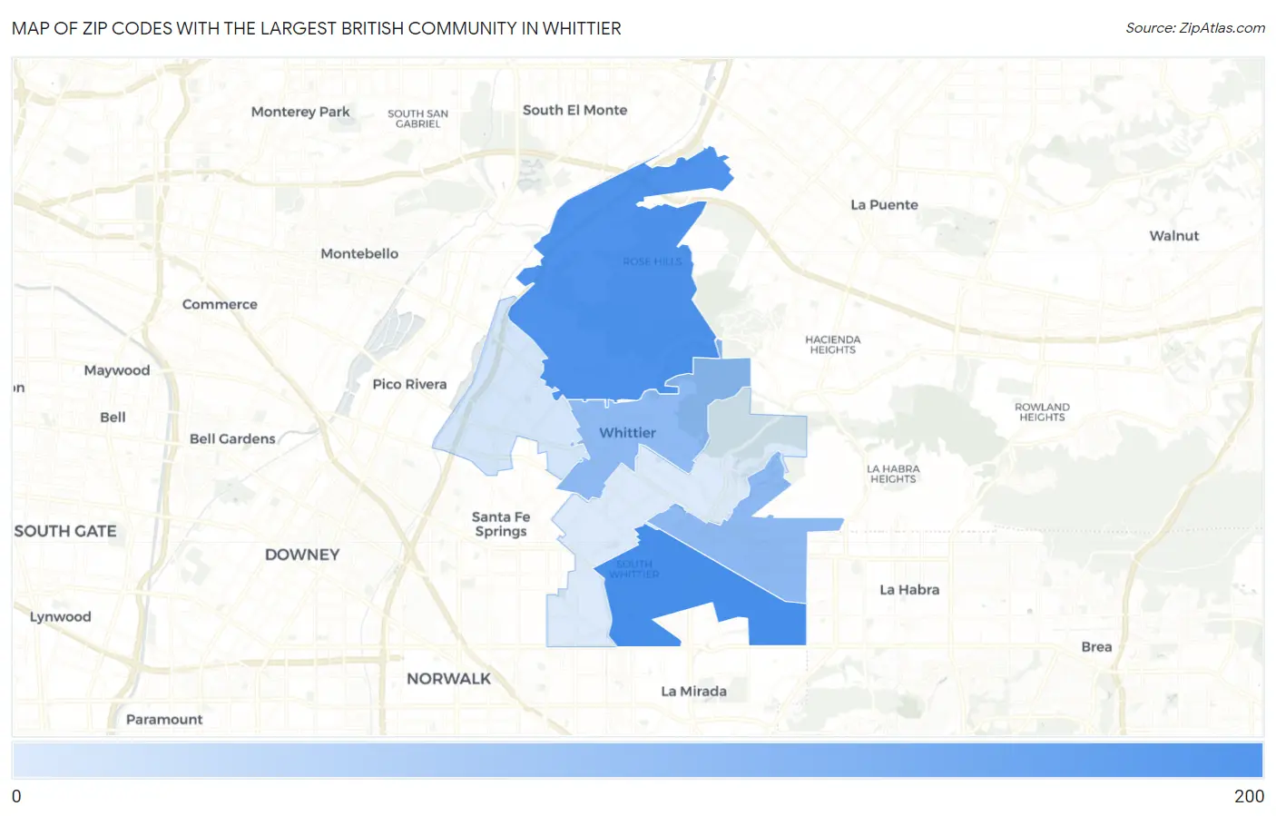 Zip Codes with the Largest British Community in Whittier Map