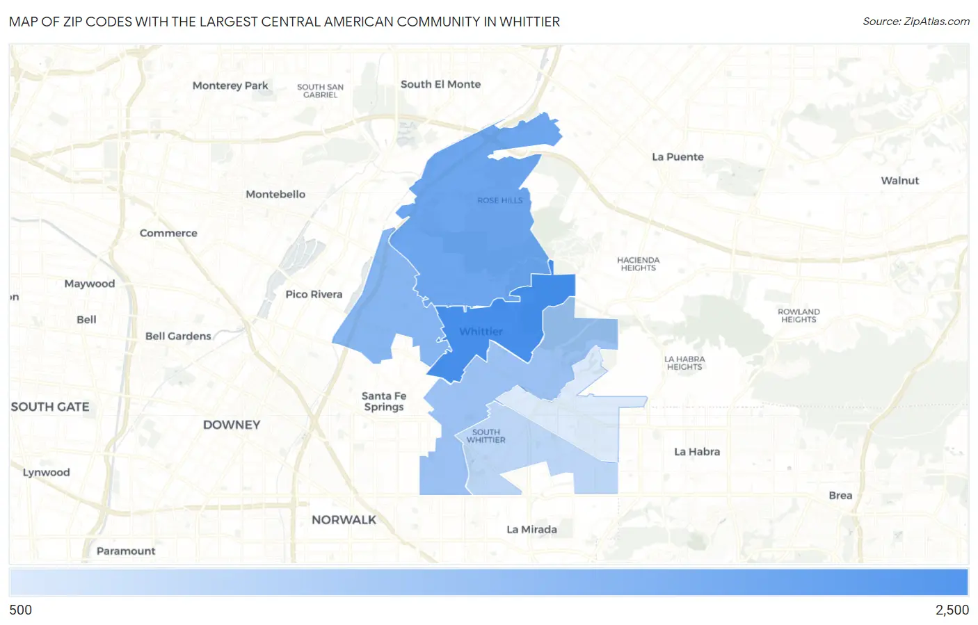 Zip Codes with the Largest Central American Community in Whittier Map