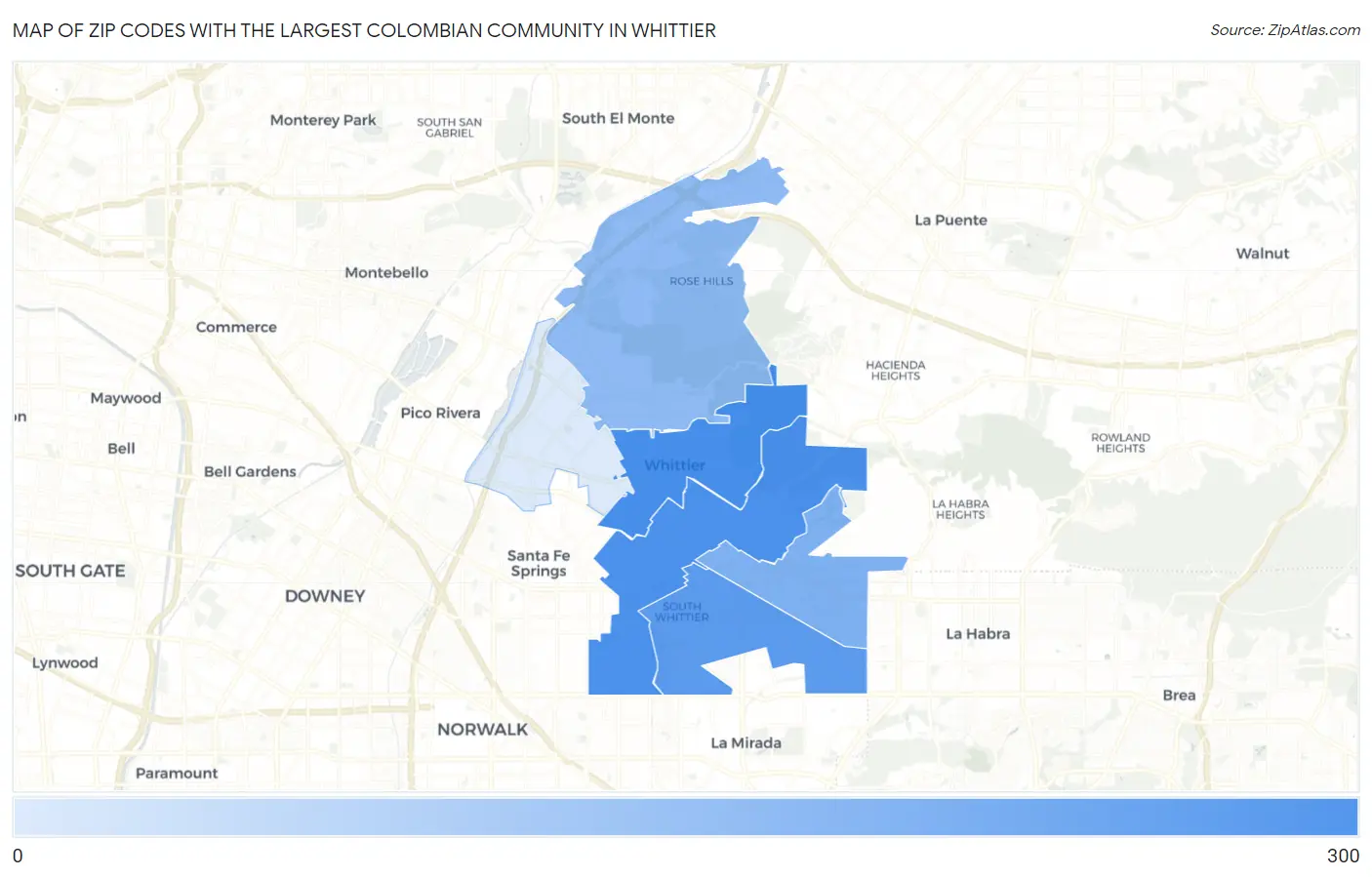 Zip Codes with the Largest Colombian Community in Whittier Map